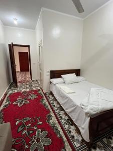 1 dormitorio con 1 cama y alfombra roja en Sunset Pyramid View, en El Cairo