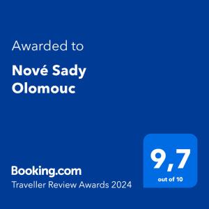 Certifikát, hodnocení, plakát nebo jiný dokument vystavený v ubytování Nové Sady Olomouc