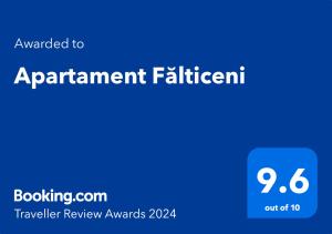 Сертификат, награда, табела или друг документ на показ в Apartament Fălticeni