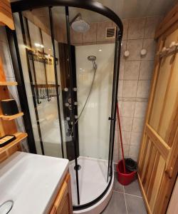 a bathroom with a shower and a sink at Le 1954 La Rosière in Montvalezan