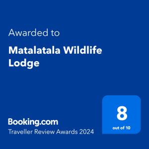 zrzut ekranu komórki z tekstem przyznanym Maliki Wild Life Lodge w obiekcie Matalatala Wildlife Lodge w mieście Roodeplaat