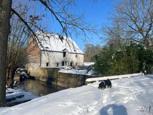 una casa vieja en la nieve junto a un río en le Moulin de Braives en Braives