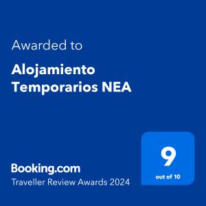 Certifikat, nagrada, logo ili neki drugi dokument izložen u objektu Alojamiento Temporarios NEA