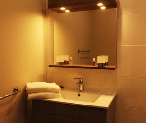 La salle de bains est pourvue d'un lavabo et d'un grand miroir. dans l'établissement Fulbert - view on Cathedral and Place des Epars, à Chartres