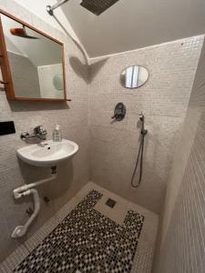 een badkamer met een wastafel en een douche met een spiegel bij Camera con bagno Mirjana in Cislago