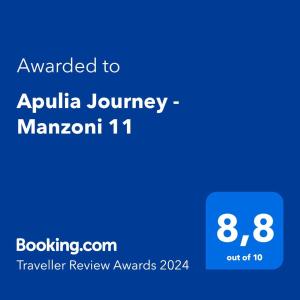 Sertifikāts, apbalvojums, norāde vai cits dokuments, kas ir izstādīts apskatei naktsmītnē Apulia Journey - Manzoni 11