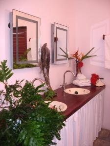 a bathroom with two mirrors and a sink at Petite Anse Hotel in Mount Alexander