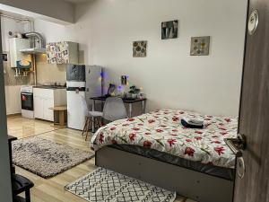 a small bedroom with a bed and a kitchen at Cazare Iasi Palas Apartment in Iaşi