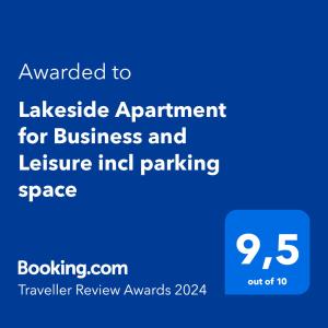 Majutusasutuses Lakeside Apartment for Business and Leisure incl parking space olev sertifikaat, autasu, silt või muu dokument