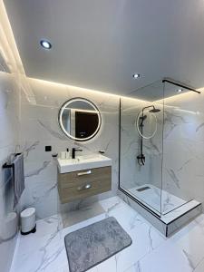 W łazience znajduje się prysznic, umywalka i lustro. w obiekcie TANGIER City Centre Residence HILTON w mieście Tanger