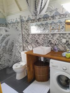 a bathroom with a toilet and a sink and a washing machine at Ti kaz a Max in Saint-François +63 photos