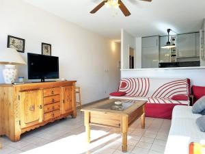 a living room with a couch and a tv at Appartement 2 pièces, climatisé, 100m plage, parking, Le Lavandou - FR-1-251-218 in Le Lavandou