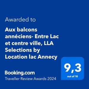 Certifikát, ocenenie alebo iný dokument vystavený v ubytovaní Aux balcons annéciens- Entre Lac et centre ville, LLA Selections by Location lac Annecy