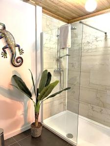 a bathroom with a shower with a snake on the wall at Goldcrest 1-Hot Tub-Woodland Lodges-Carmarthenshire-Tenby in Carmarthen