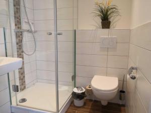 a bathroom with a shower and a toilet at Gaestehaus _ Strandhalle in Ahrenshoop