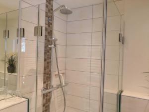 a shower with a glass door in a bathroom at Gaestehaus _ Strandhalle in Ahrenshoop