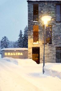 a light pole in the snow in front of a building at Aparthotel Chalina in Leutasch