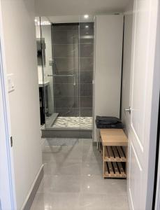 a bathroom with a walk in shower and a glass door at Cozy Lovely Ravine facing Suite. in Mississauga