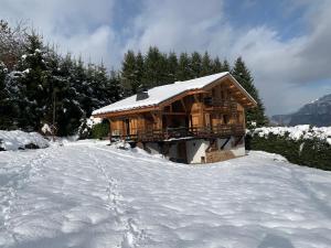 a snow covered log cabin with a snow covered road at Les Mules in Combloux