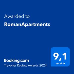 a blue text box with the words awarded to roman apartments at RomanApartments in Mestre