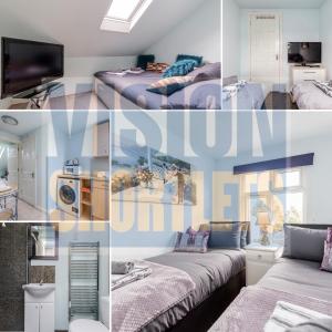 a collage of photos of a room with two beds at Watford General Suites in Watford