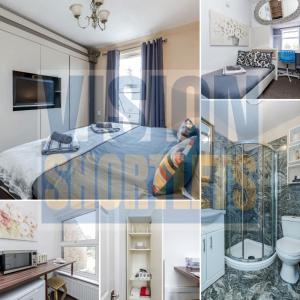 un collage de quatre photos d'une chambre d'hôtel dans l'établissement Watford General Suites, à Watford