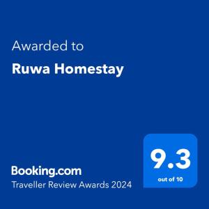 Ett certifikat, pris eller annat dokument som visas upp på Ruwa Homestay