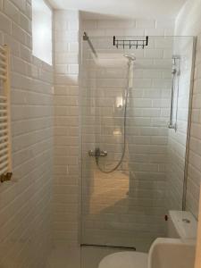 W łazience znajduje się prysznic ze szklanymi drzwiami. w obiekcie Snowpeak Chalet Gudauri w mieście Gudauri