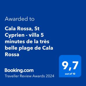 Certificate, award, sign, o iba pang document na naka-display sa Cala Rossa, Lecci - villa 5 minutes de la très belle plage de Cala Rossa