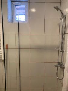 a shower with a glass door and a window at Snowpeak Chalet Gudauri in Gudauri