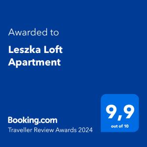 希隆斯克沃濟斯瓦夫的住宿－Leszka Loft Apartment，标有乐斯卡公寓文本的蓝色标志