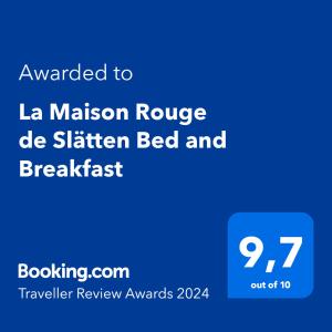 a blue screen with the text awarded to la mission ridge be slimmer bed at La Maison Rouge de Slätten Bed and Breakfast in Vilshult