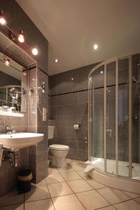 La salle de bains est pourvue de toilettes, d'une douche et d'un lavabo. dans l'établissement Boardinghaus zu Coburg, à Cobourg