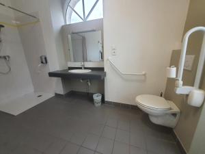 ein Badezimmer mit einem WC, einem Waschbecken und einem Spiegel in der Unterkunft Domaine de Manehouarn in Plouay