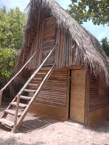 uma pequena cabana com uma escada e um telhado de palha em Cabana juriti em Camaçari
