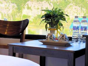 uma mesa com uma planta e garrafas de água sobre ela em Tam Coc Lion Kings Hotel & Resort em Ninh Binh