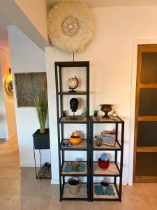 a shelf with various items on it in a room at Le Port Camargue- 2 bedrooms and air-conditioned ! in Le Grau-du-Roi