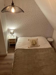 una camera da letto con un letto con un cuscino sopra di Chez VICTOR le pêcheur a Locquémeau