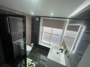 a bathroom with a sink and a toilet and a window at Swish Studio in Colchester