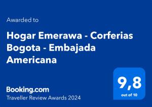 Majutusasutuses Hogar Emerawa - Corferias Bogota - Embajada Americana olev sertifikaat, autasu, silt või muu dokument
