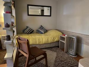 um quarto com uma cama com um espelho e uma cadeira em Apartamento Amoblado , en el corazón de Providencia em Santiago