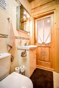 a bathroom with a toilet and a sink and a window at Domek u Horarów in Ciche