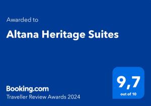 Altana Heritage Suites tesisinde sergilenen bir sertifika, ödül, işaret veya başka bir belge