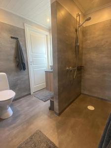 a bathroom with a shower and a toilet at Adventure Guesthouse Sweden in rural area Sunne in Sunne +59 photos