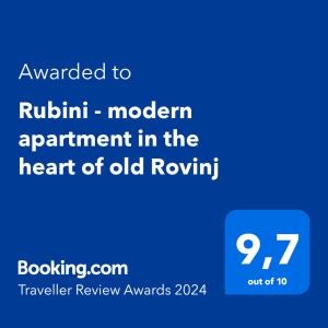 Сертифікат, нагорода, вивіска або інший документ, виставлений в Rubini - modern apartment in the heart of old Rovinj