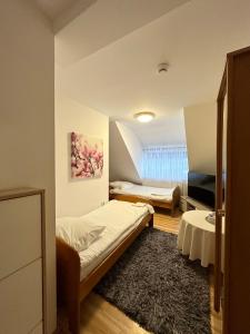 mały pokój z dwoma łóżkami i telewizorem w obiekcie Motel Za Miedzą w mieście Bralin