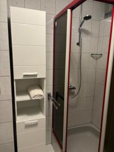 baño con ducha y puerta de cristal en Ferienwohnung Augustin, en Kirchberg