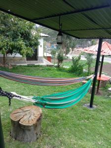 eine Hängematte, die an einen Baumstumpf im Hof gefesselt ist in der Unterkunft casa montañista lodge & camping in Huaraz