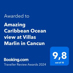 a screenshot of a phone with the text awarding caribbean ocean view at villages at Amazing Caribbean Ocean view at Villas Marlin in Cancun in Cancún
