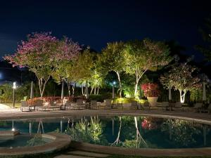 een zwembad in een park 's nachts met bomen bij Hotel Azomalli in Xochitepec